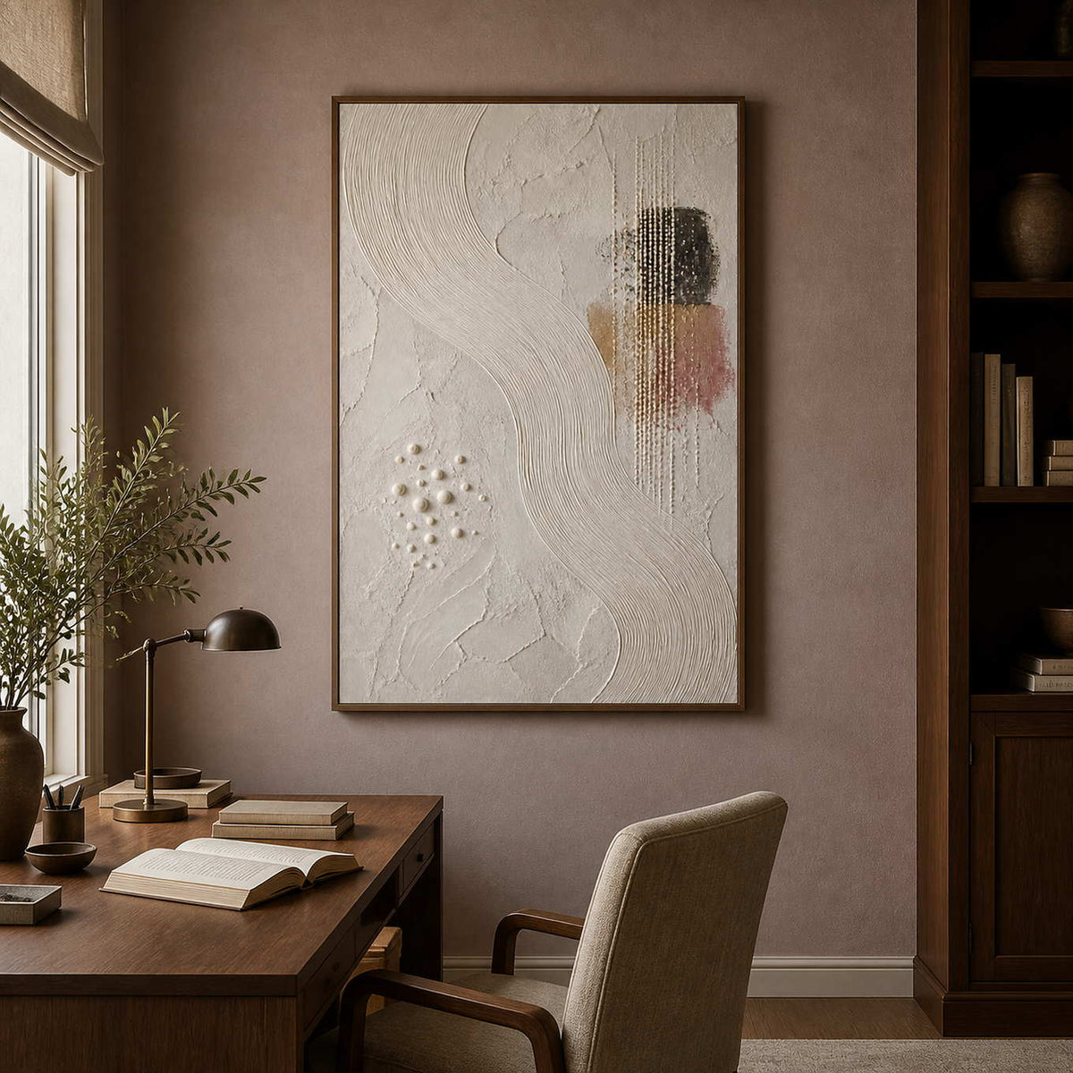 Wabi-sabi abstract artwork displayed in a rose-brown walnut office.