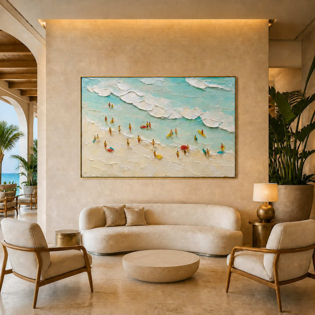 Textured beach artwork displayed in a coastal resort hotel lobby.