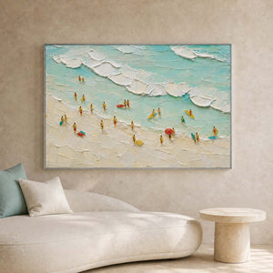 Textured shoreline artwork displayed in a coastal spa lounge.