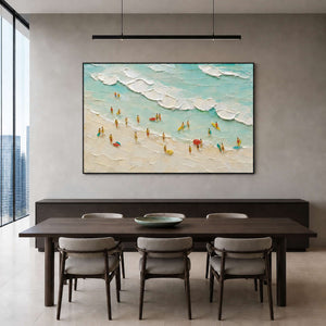 Sea-glass shoreline wall art displayed in a modern dining room.