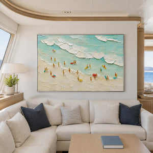 Aerial beach wall art displayed in a private yacht lounge.