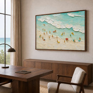 Textured coastal artwork displayed in a seaside collector's home office.