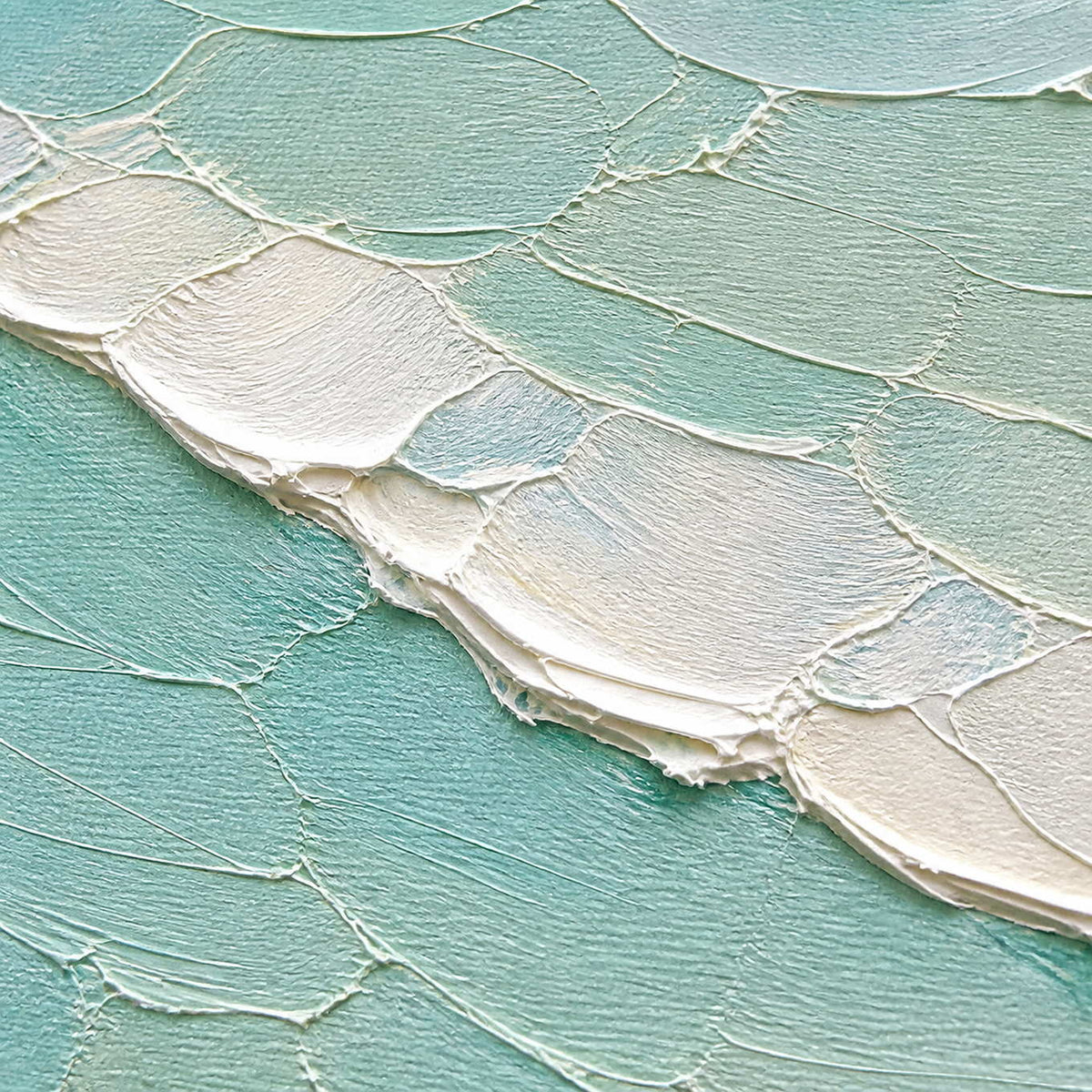Close-up of sculpted sea-glass water and thick white palette-knife wave texture.