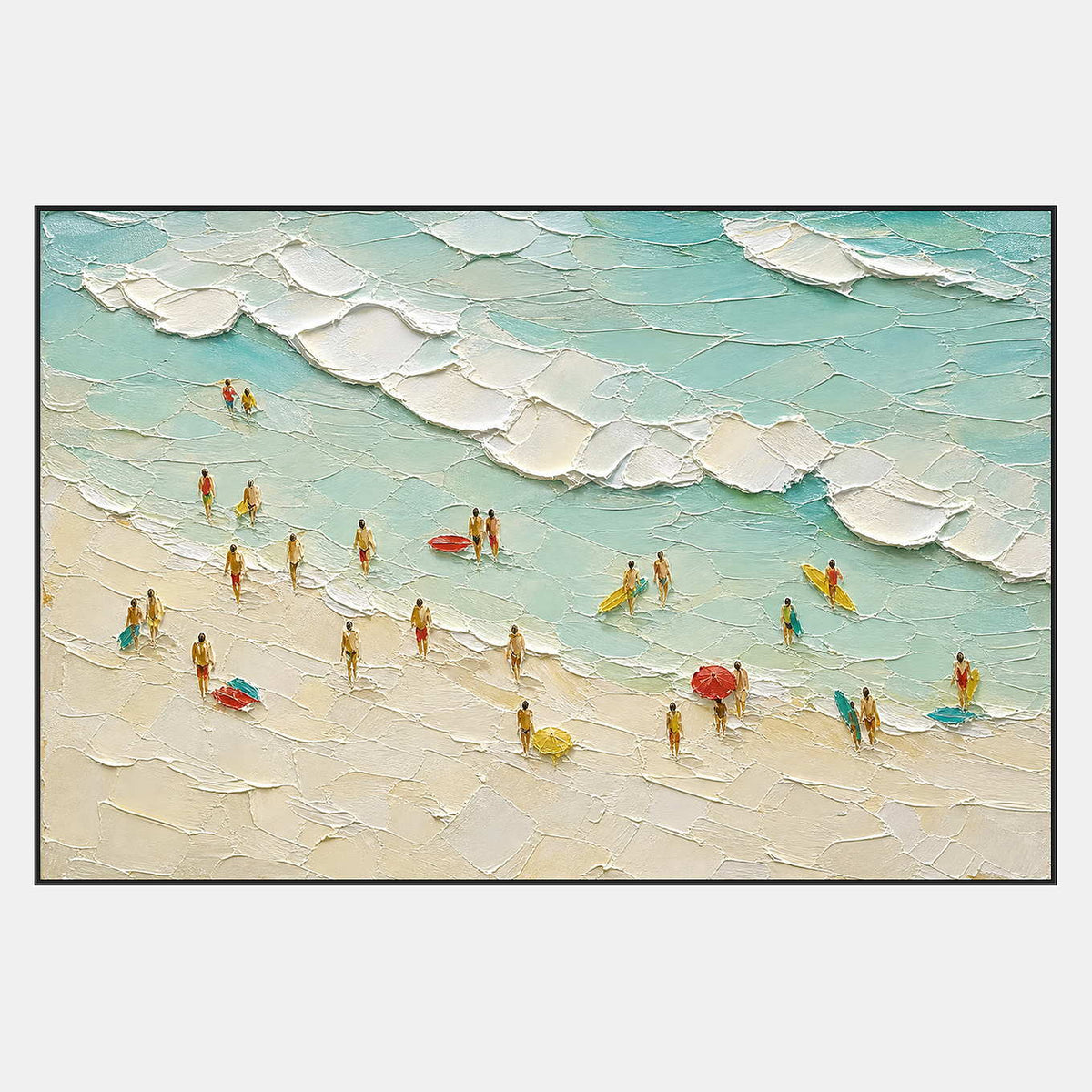Hand-painted aerial beach artwork with sea-glass waves, white foam, people, and umbrellas.