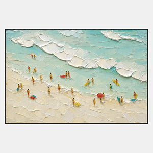 Hand-painted aerial beach artwork with sea-glass waves, white foam, people, and umbrellas.