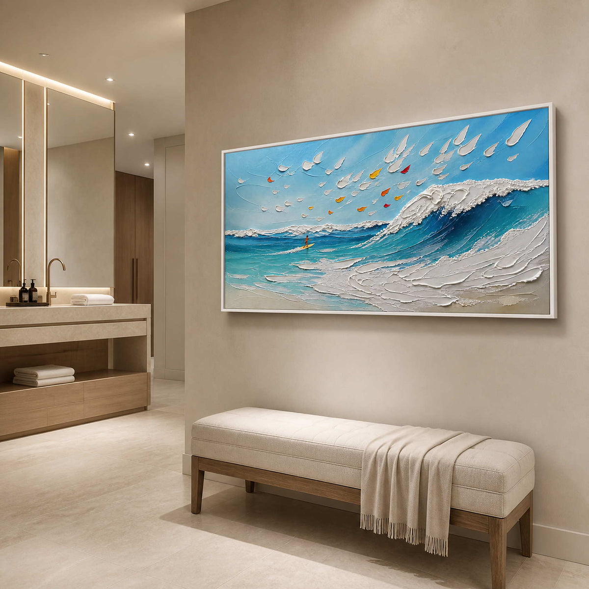 Blue and white textured coastal wall art displayed in a serene luxury bathroom.
