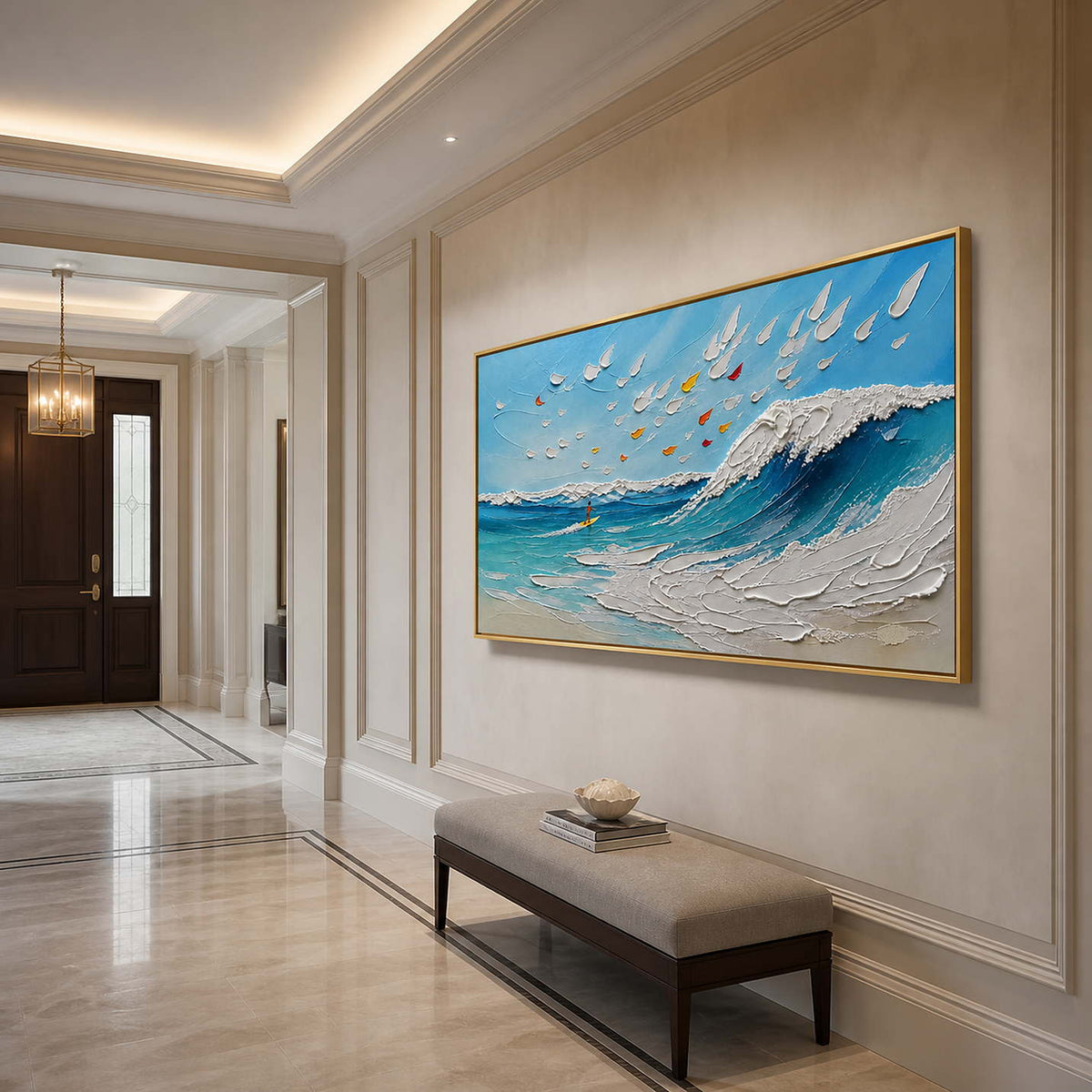 Textured turquoise coastal wall art displayed in an elegant luxury entryway.