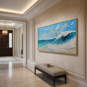 Textured turquoise coastal wall art displayed in an elegant luxury entryway.