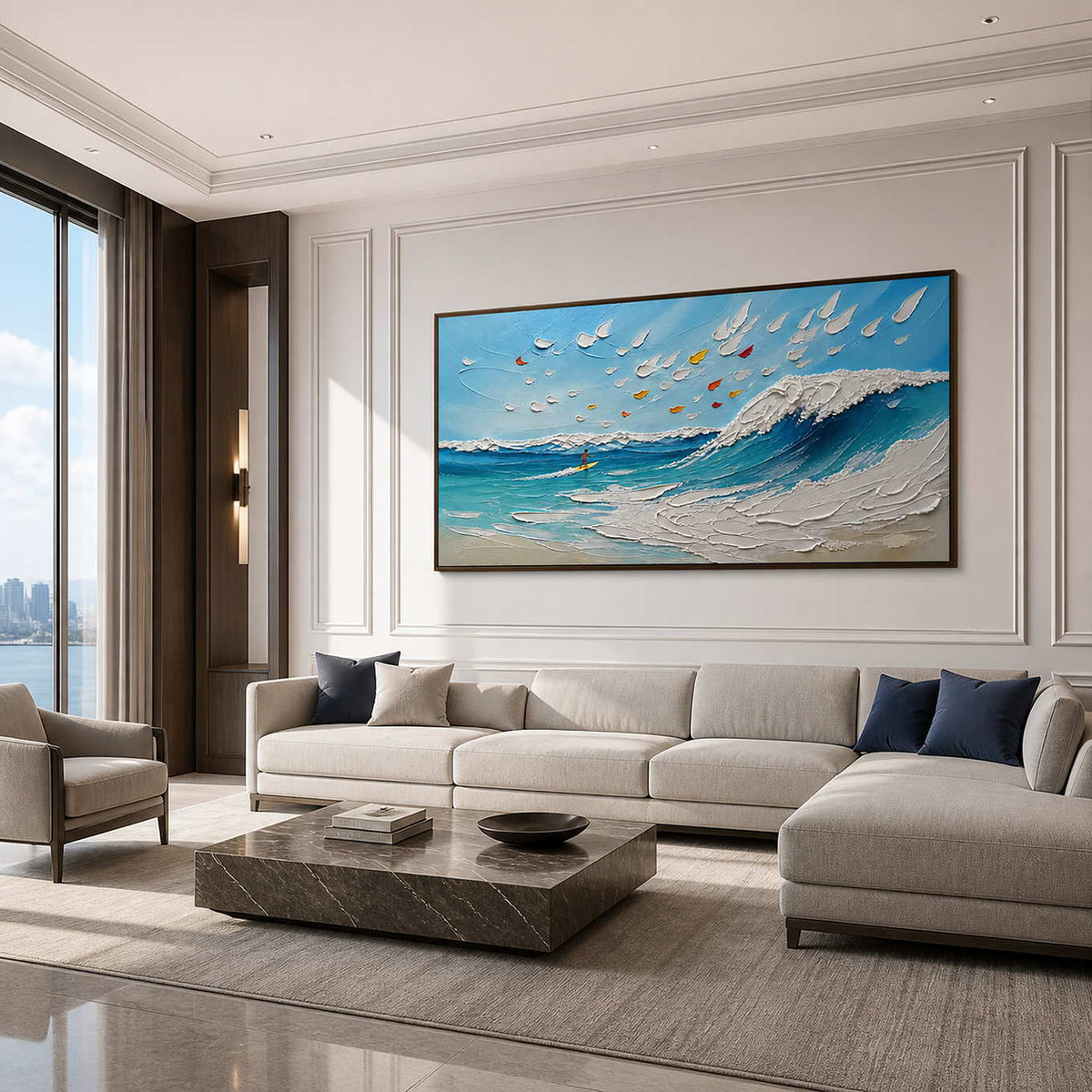 Textured blue wave and sailboat wall art displayed in a modern luxury living room.