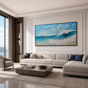 Textured blue wave and sailboat wall art displayed in a modern luxury living room.