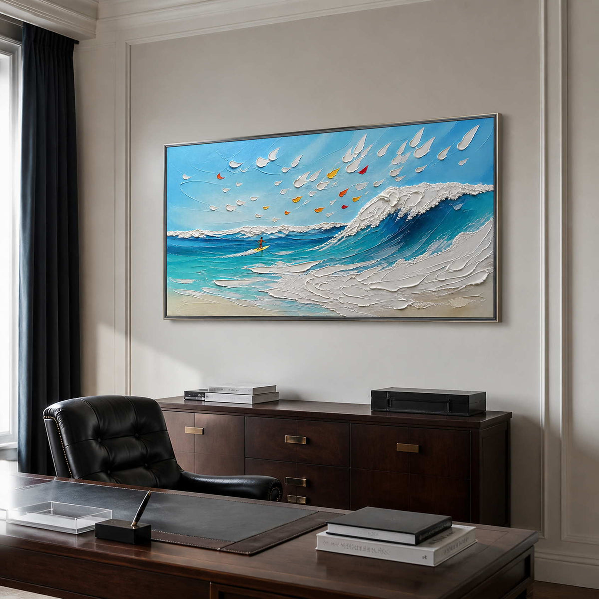 Panoramic blue wave wall art displayed in a modern private office.
