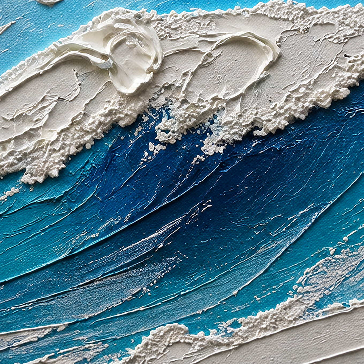 Close-up of layered blue water and thick white palette-knife surf texture.