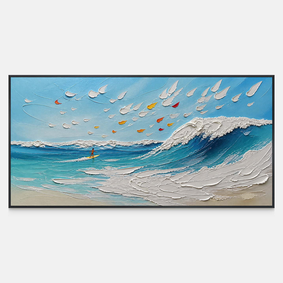 Hand-painted panoramic coastal wall art with small sails, turquoise water, and white surf.
