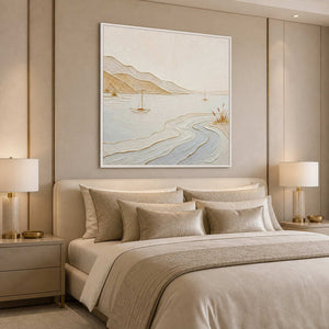 Soft blue and ivory coastal canvas above a serene bedroom.