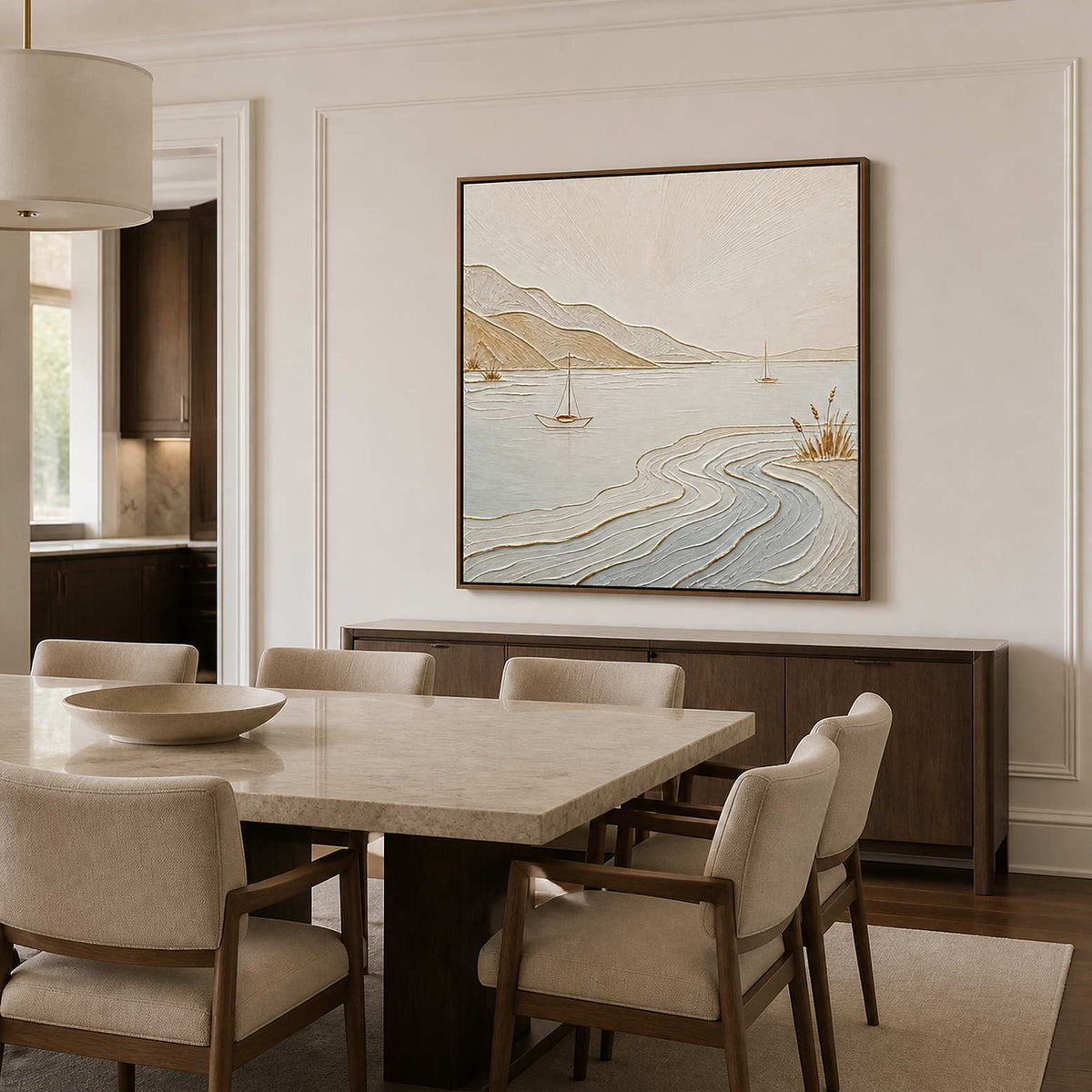 Quiet pale blue sailboat artwork in a refined dining room.