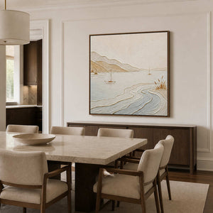 Quiet pale blue sailboat artwork in a refined dining room.
