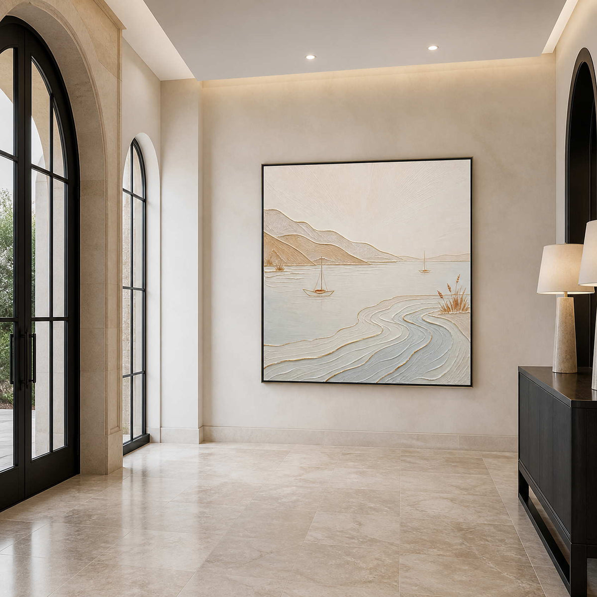 Minimalist shoreline artwork displayed in an airy residential entryway.