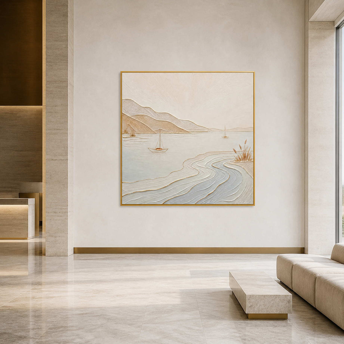 Large minimalist coastal artwork in an airy hotel art lobby.