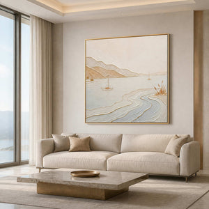 Minimalist sailboat coastal wall art in a refined modern living room.