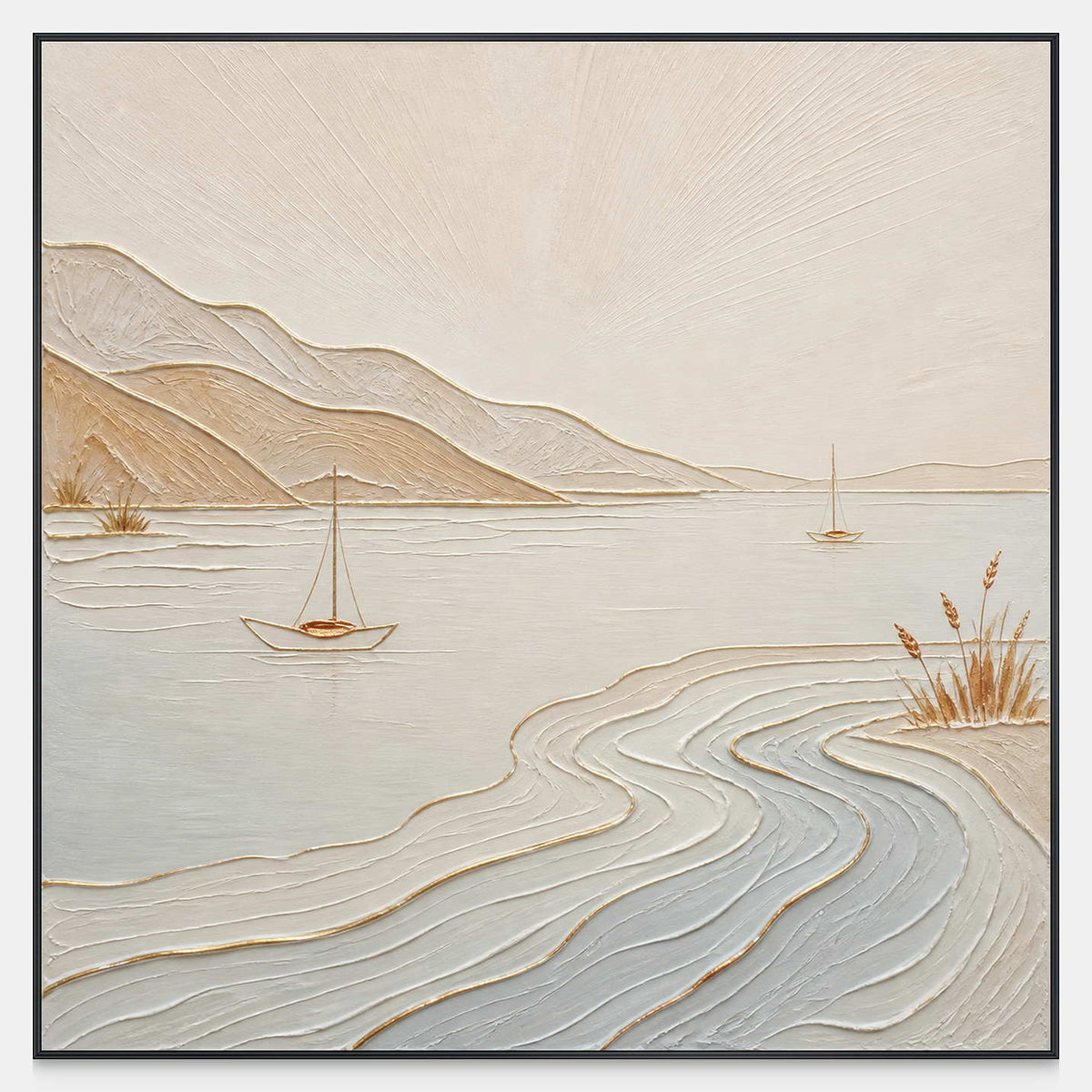Square coastal canvas with small sailboats, pale blue water, and sandy hills.