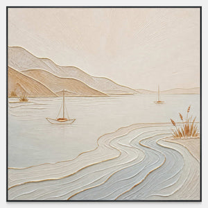 Square coastal canvas with small sailboats, pale blue water, and sandy hills.