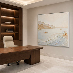 Calm sailboat wall art in a warm wood private office.