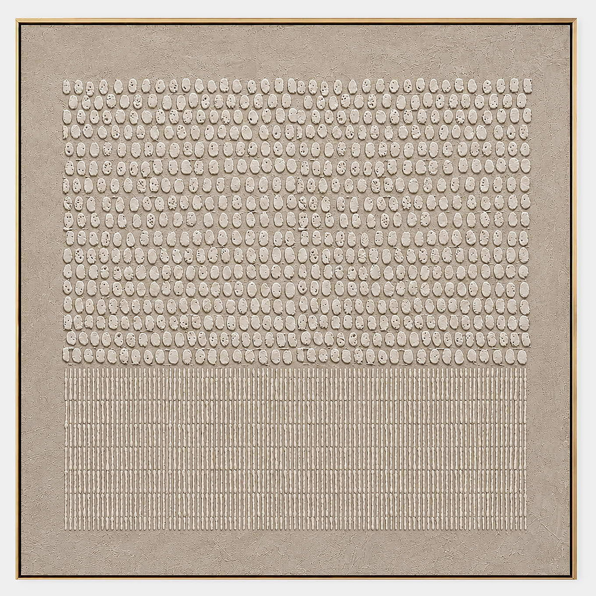 Square taupe artwork with dense ivory relief marks above finely combed vertical lines.