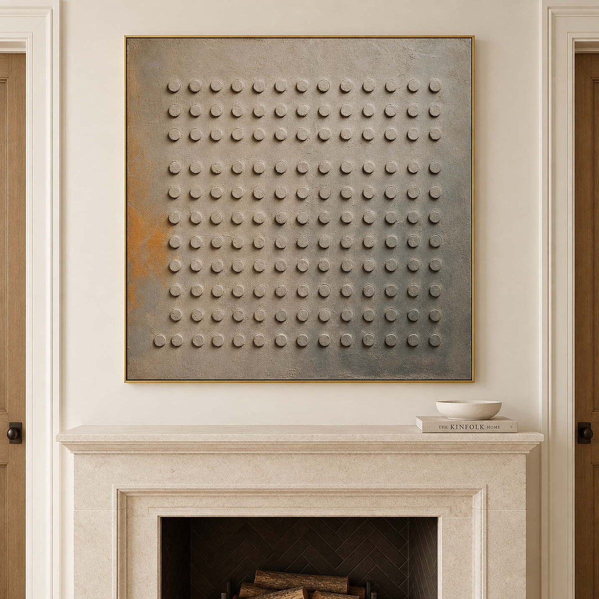 A regular grid of raised round forms on a gray earth-toned ground in a gold frame, displayed above a fireplace.