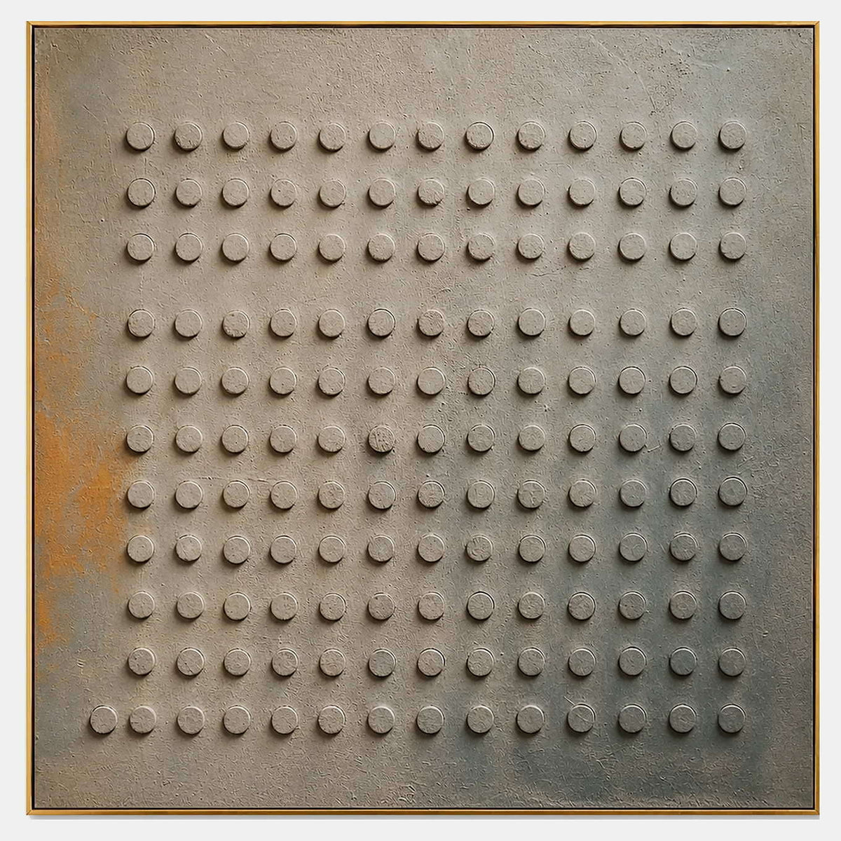 Small Stones in Rain: a regular grid of raised round forms on a gray earth-toned ground, shown in a full artwork view.