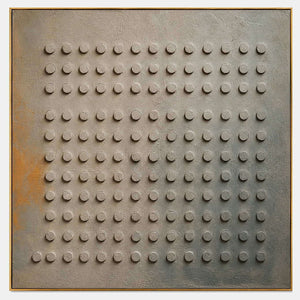 Small Stones in Rain: a regular grid of raised round forms on a gray earth-toned ground, shown in a full artwork view.