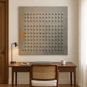 A regular grid of raised round forms on a gray earth-toned ground without an outer frame, displayed in a home office.
