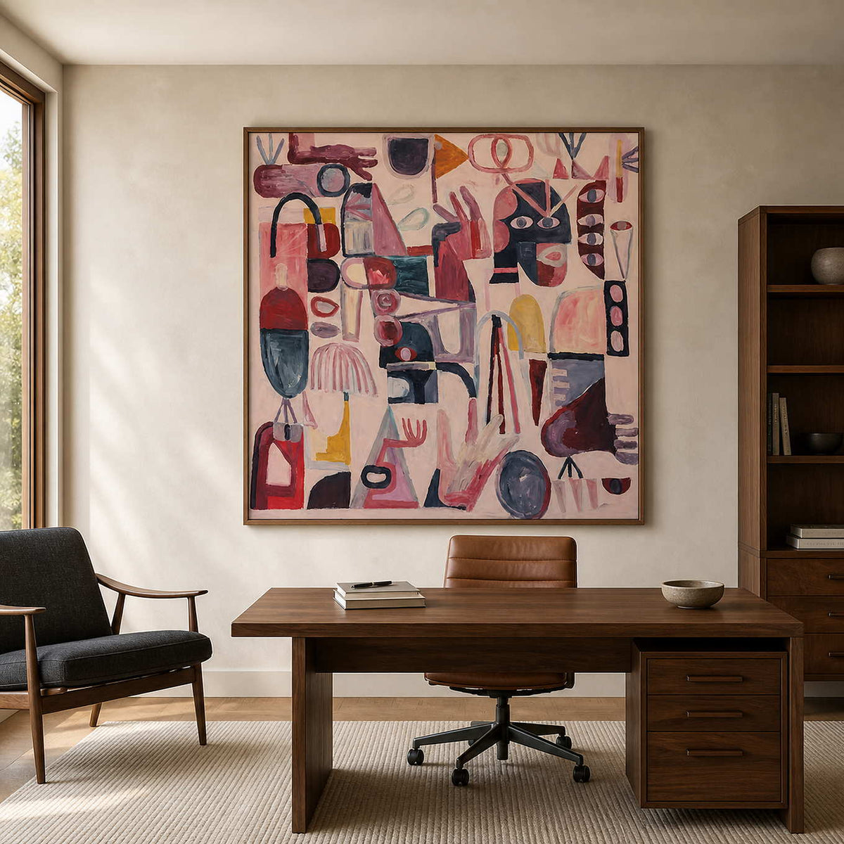 Wood framed playful abstract painting above a leather desk chair in a home office.