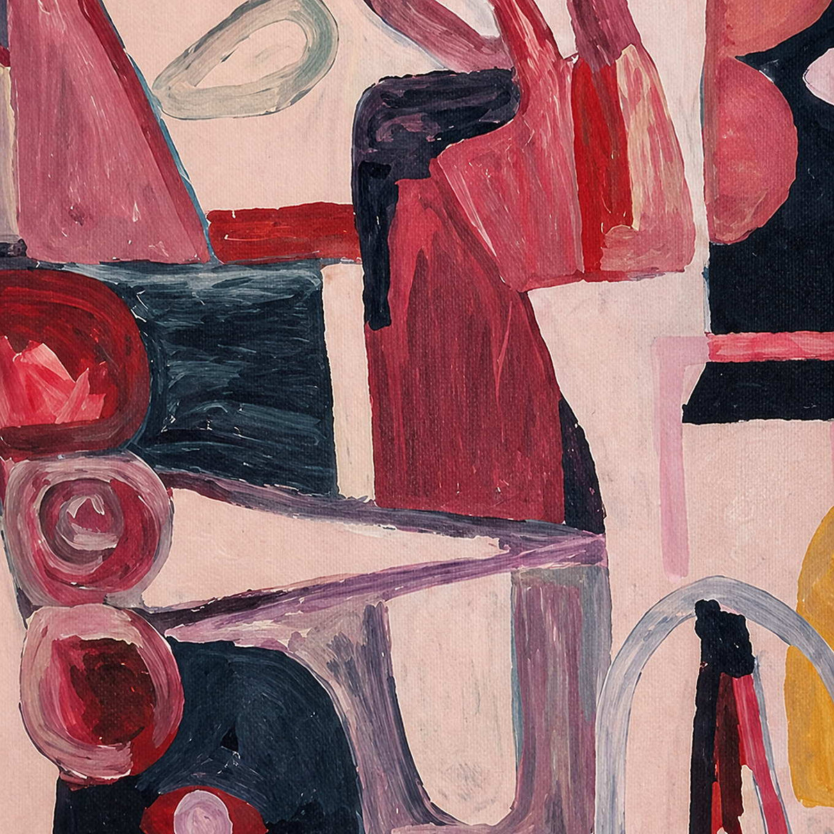 Close view of rose handlike forms, charcoal blocks, and layered brush marks.