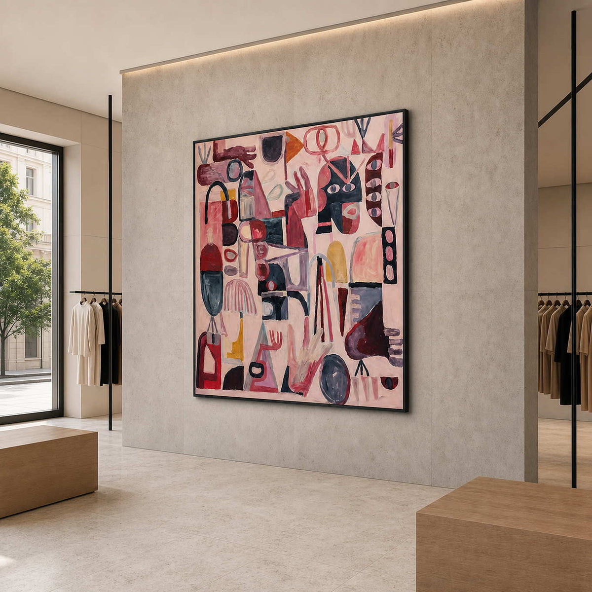 Angled view of black framed playful artwork beside neutral clothing racks and wood displays.