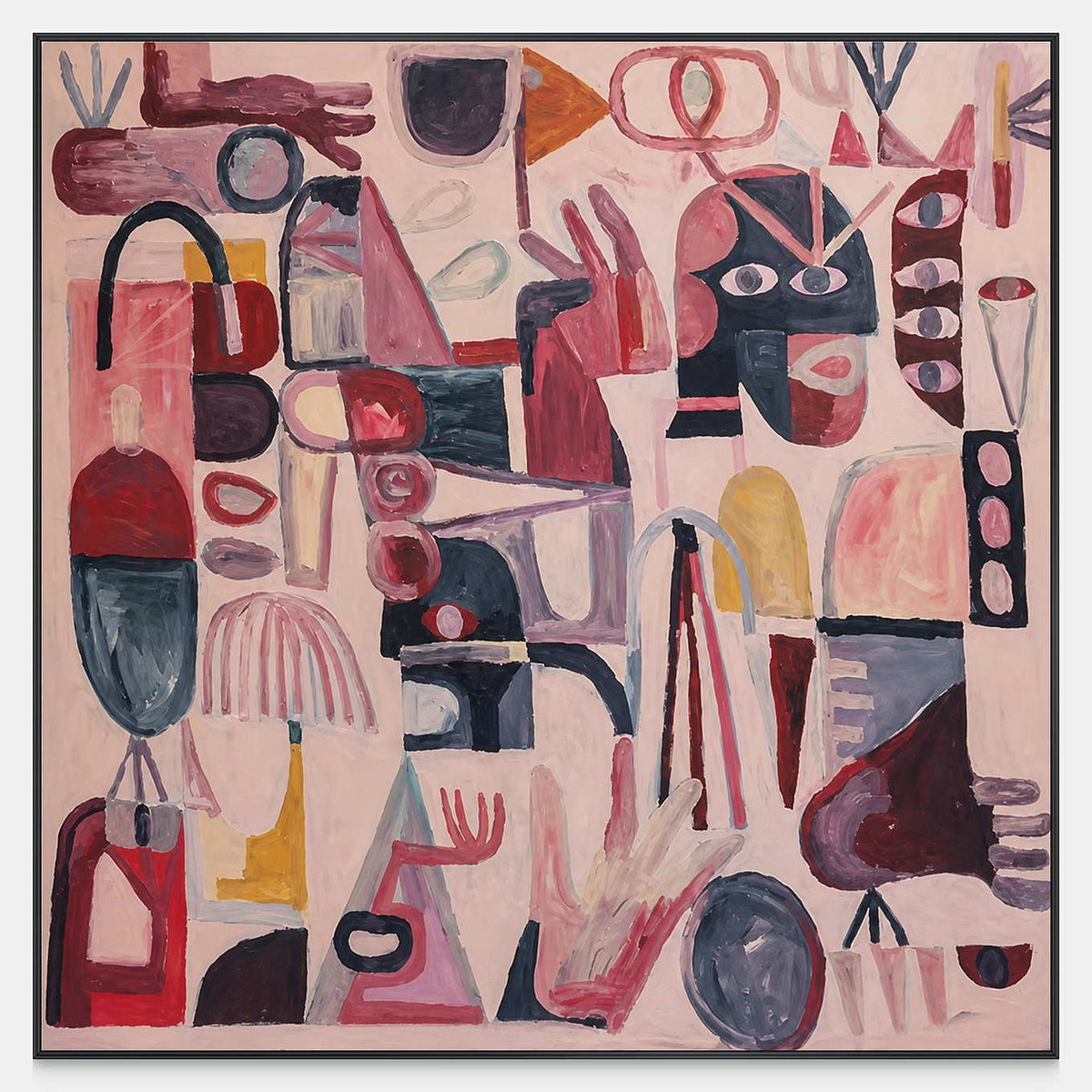 Square pink abstract artwork filled with playful faces, hands, loops, and burgundy accents.