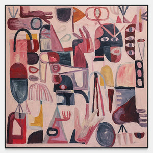 Square pink abstract artwork filled with playful faces, hands, loops, and burgundy accents.