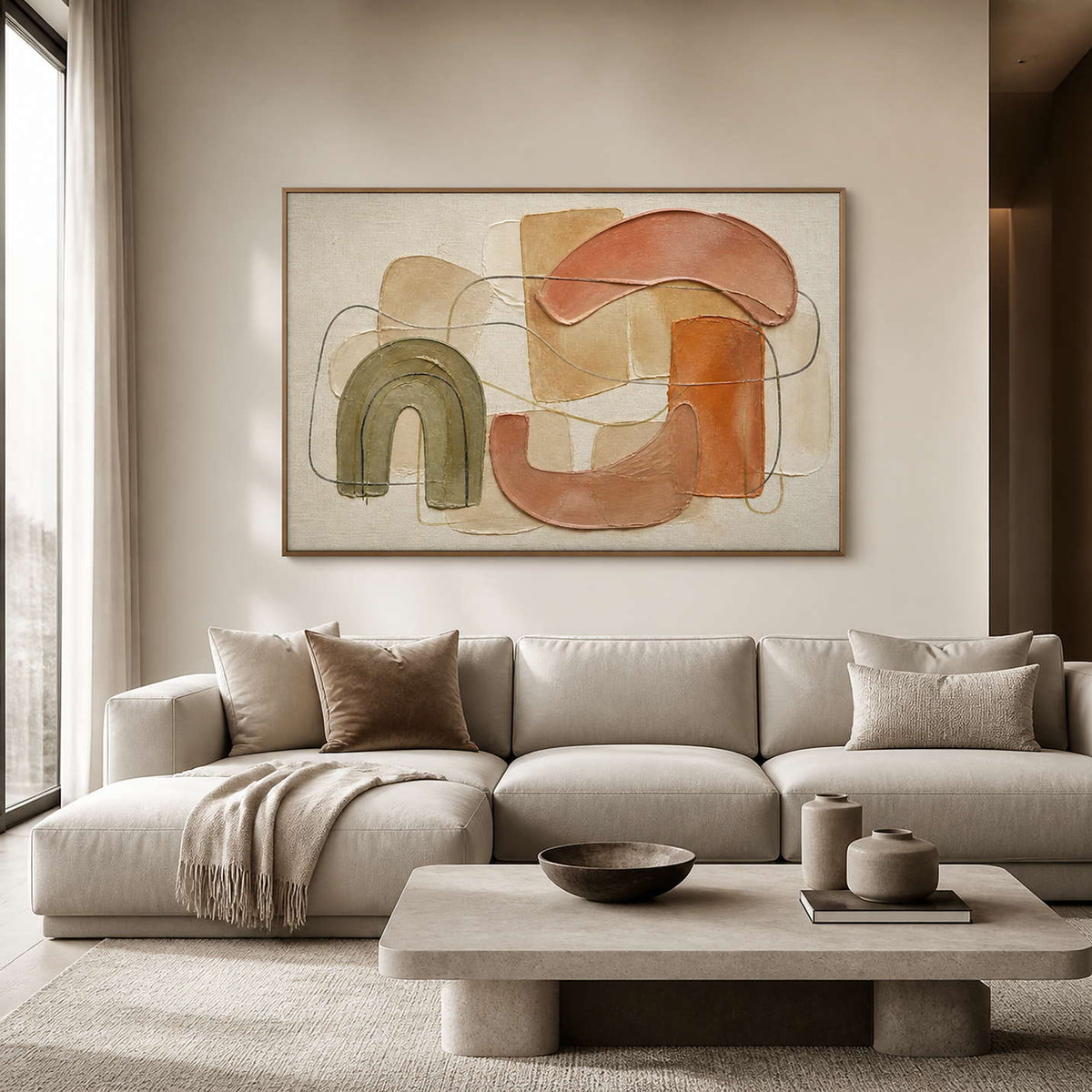 Textured boho wall art in a soft neutral modern living room.