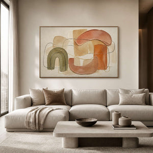 Textured boho wall art in a soft neutral modern living room.