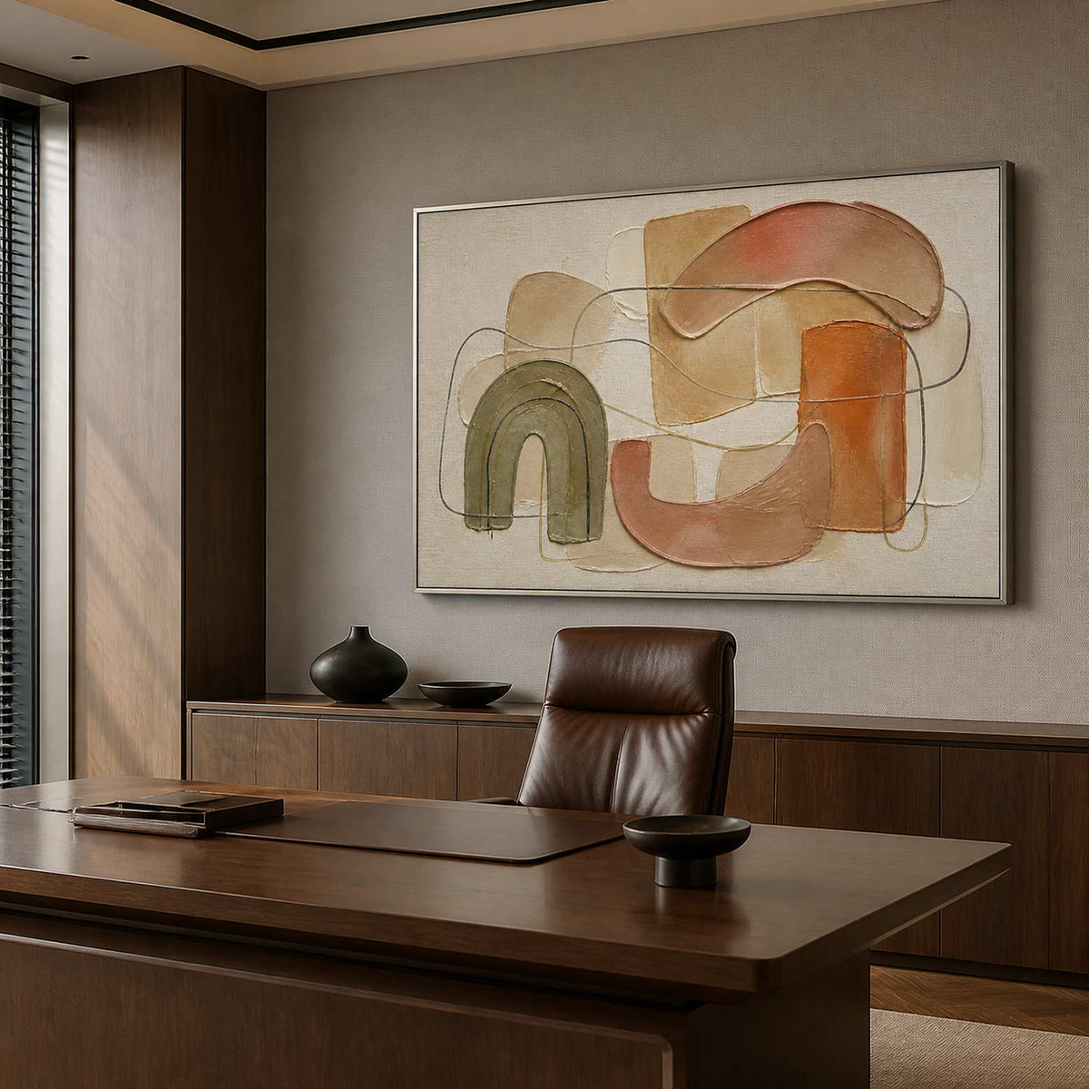 Textured organic abstract wall art displayed in a modern office.