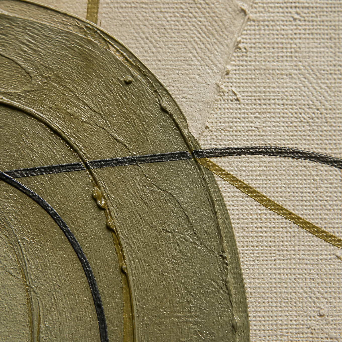 Close-up of raised olive paint, woven canvas, and charcoal linework.