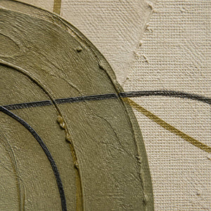 Close-up of raised olive paint, woven canvas, and charcoal linework.
