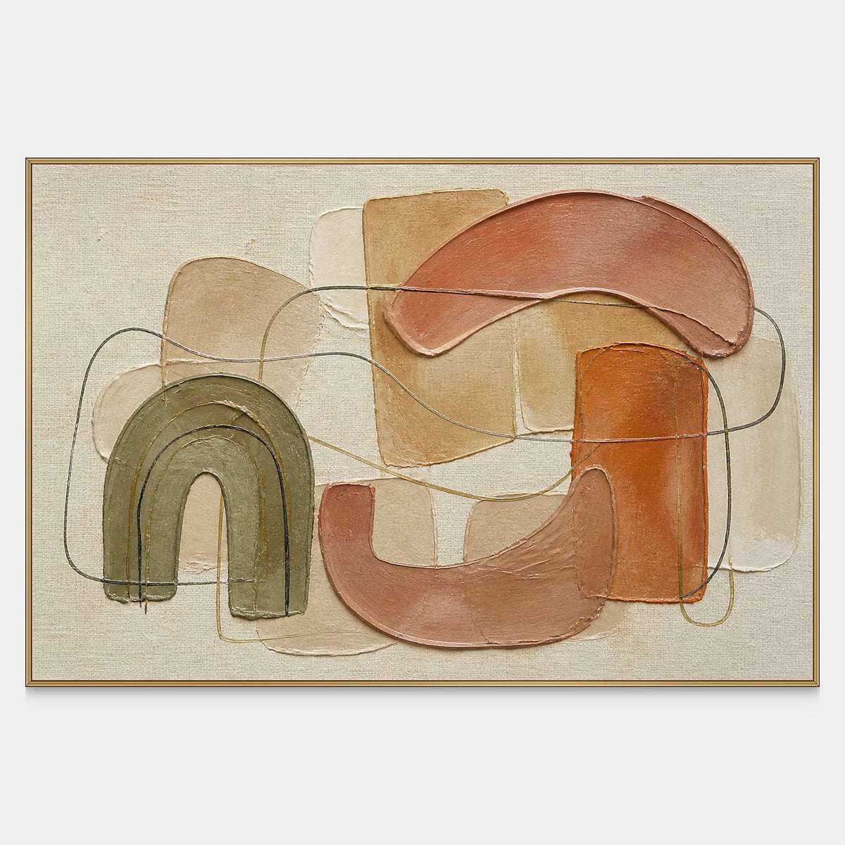 Horizontal boho wall art with olive, terracotta, blush, and sand arches.