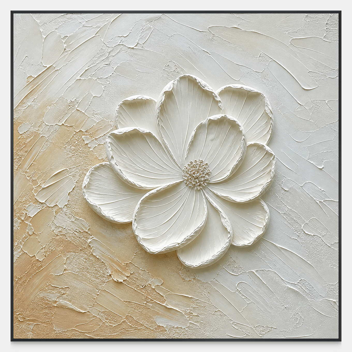 Front view of Soft Awakening, a square floral painting with curled cream petals, a textured center and a softly layered beige background.