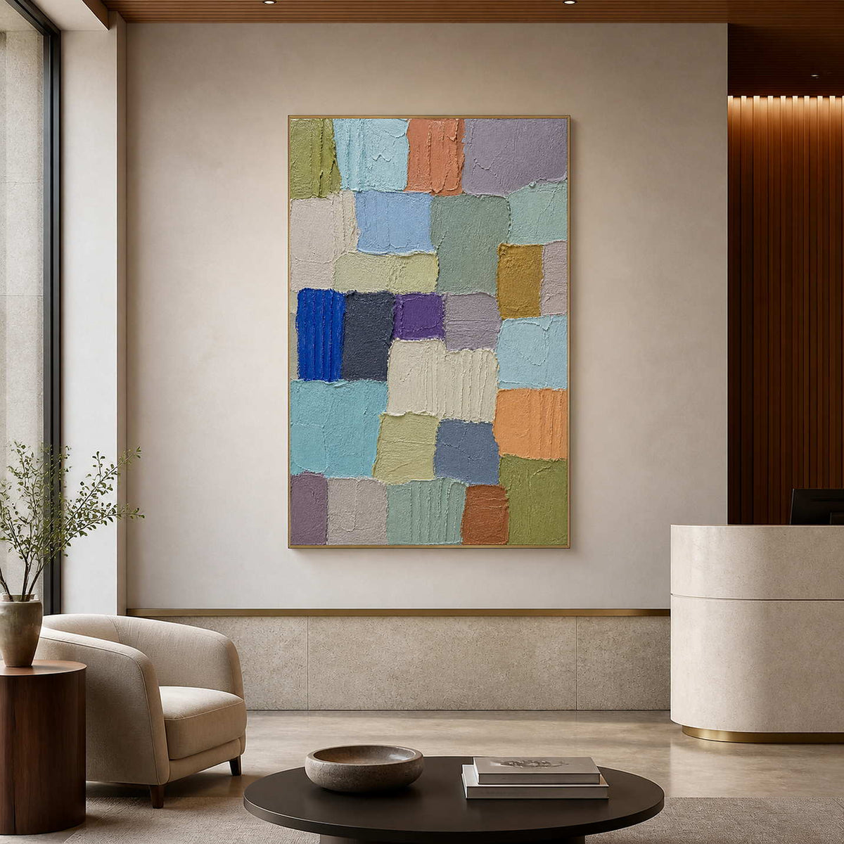 Textured geometric abstract canvas in a quiet modern gallery lounge.