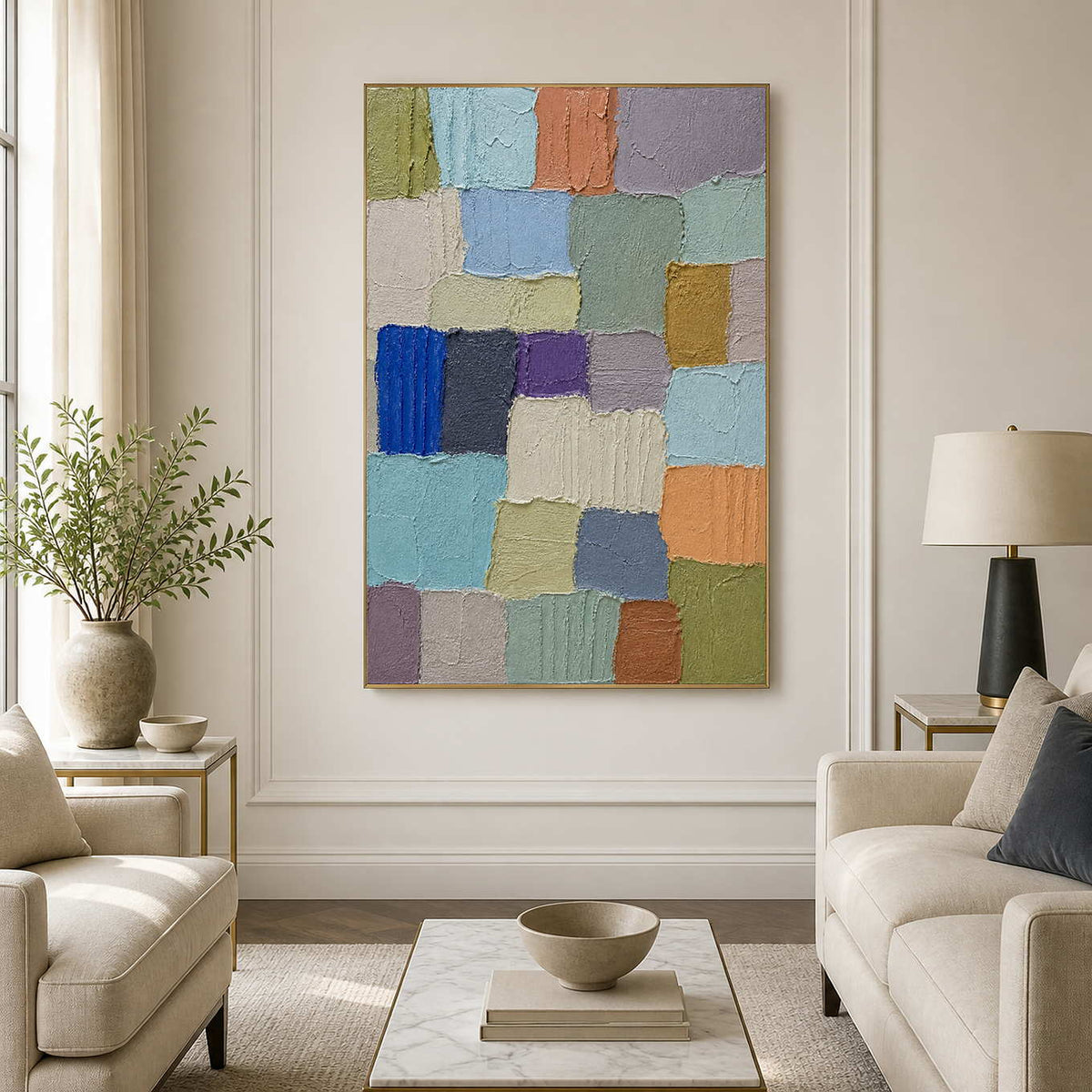 Soft multicolor textured abstract wall art in a bright neutral living room.