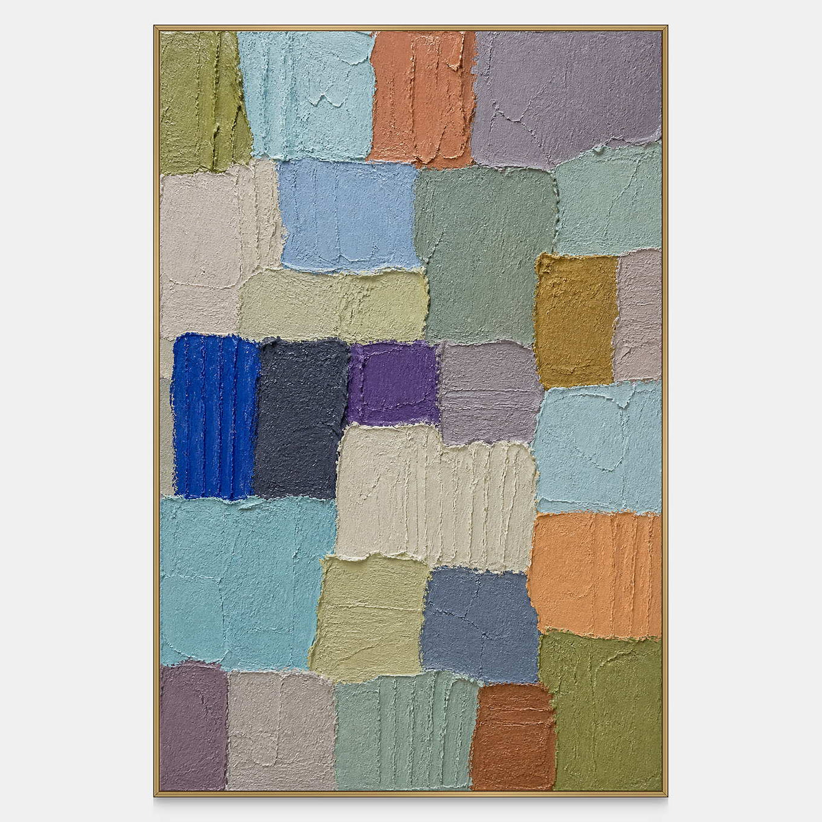 Hand-painted vertical abstract canvas with raised blue, sage, ivory, lavender, and ochre blocks.