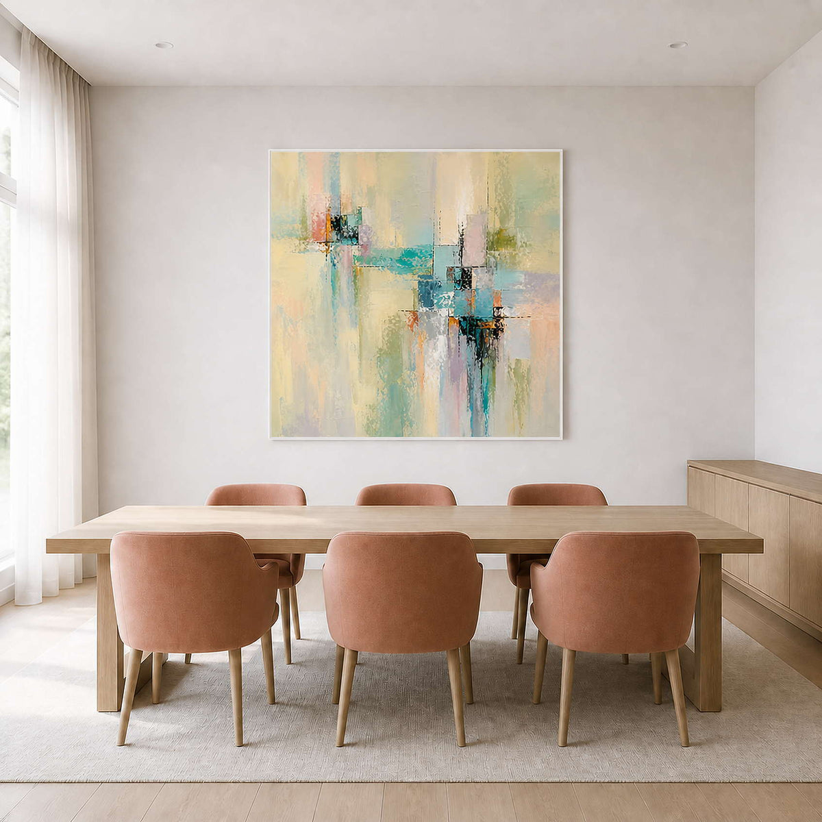 Textured pastel wall art brightening a contemporary dining room.