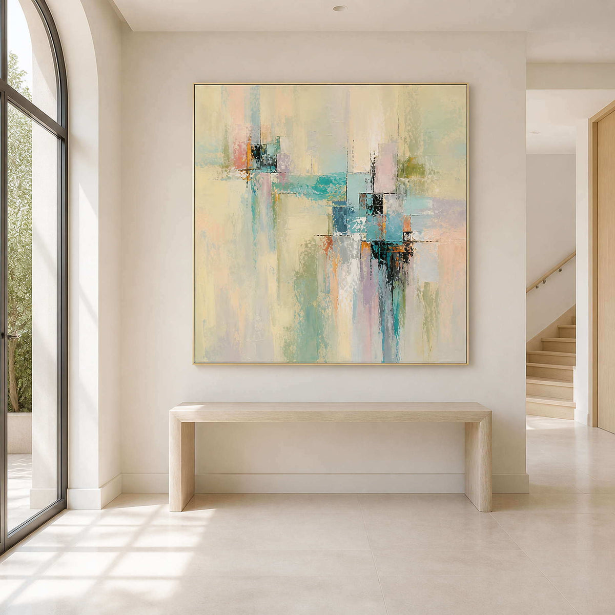 Square pastel abstract painting displayed above an entryway console.