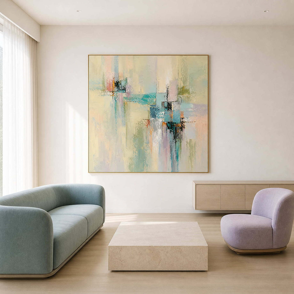 Colorful textured abstract wall art in an airy modern living room.