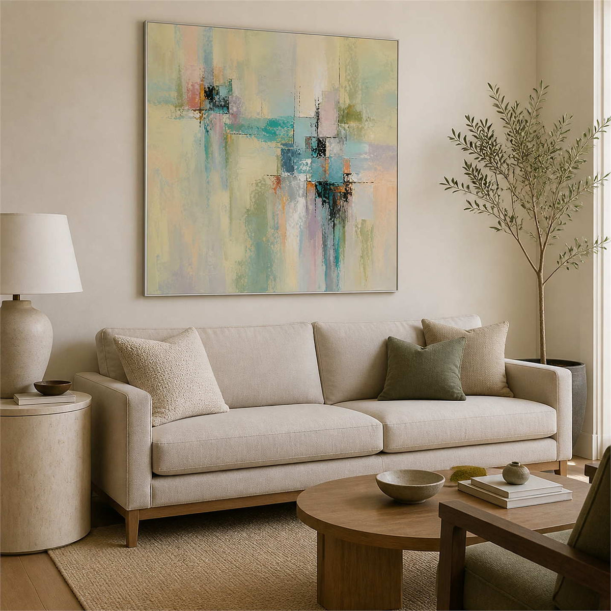 Pastel geometric artwork above a warm neutral living room sofa.